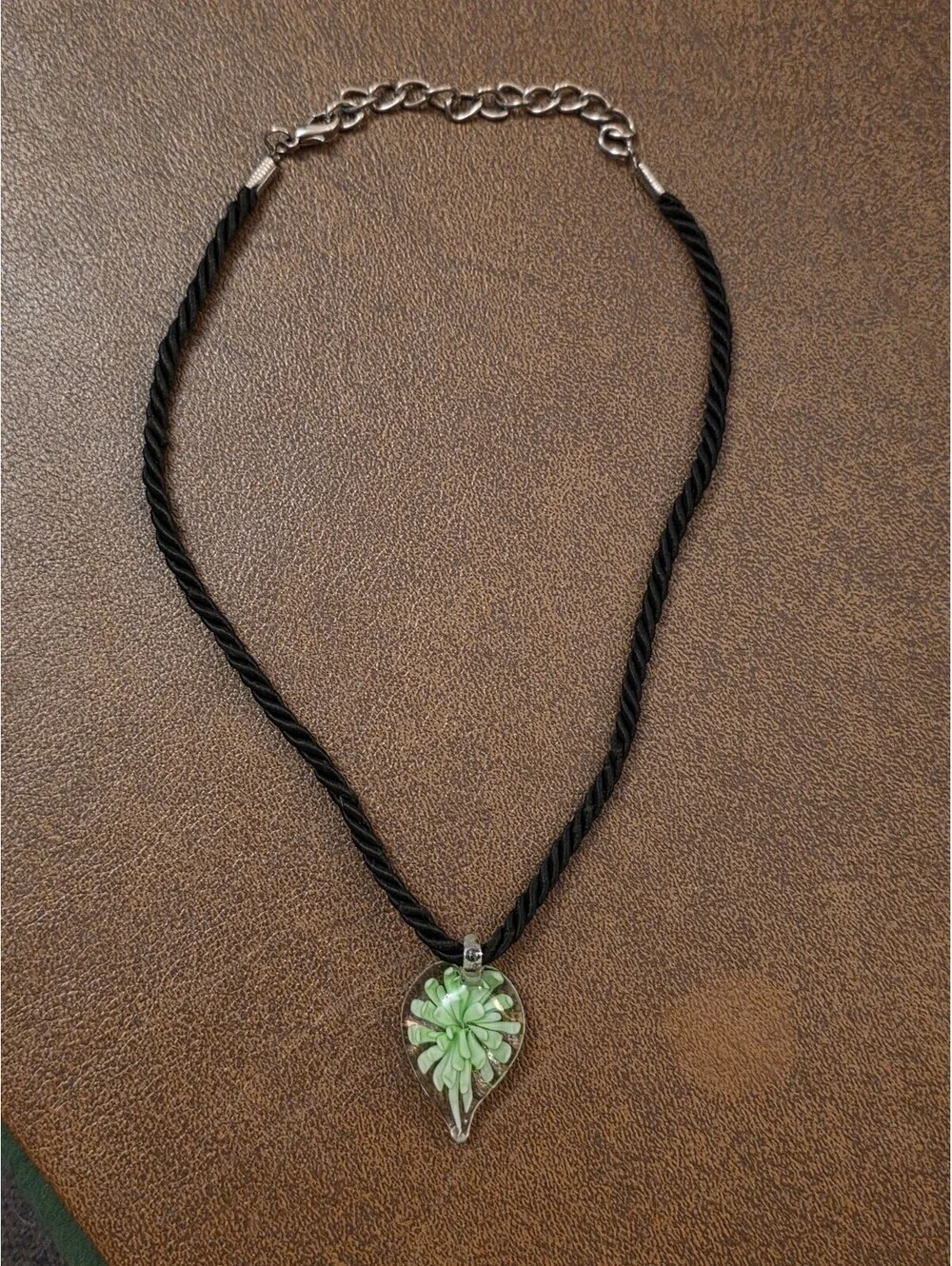 Murano Style Art Glass Teardrop Floral Pendant Necklace Black Cord Green Flower